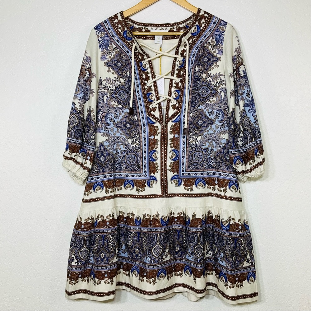 NWT HOUSE OF HARLOW 1960 Linen Oversized Bohemian Peasant Paisley Dress Woman S